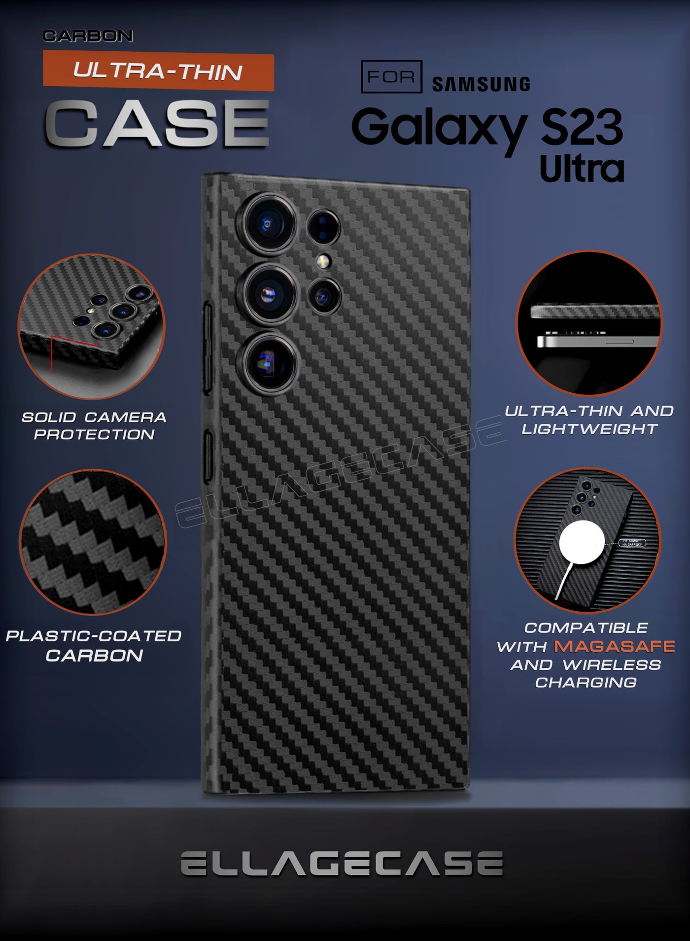 Case for Samsung Galaxy S23 Ultra, Black Carbon, Solid Camera Protection, Ultra-thin and Lightweight, Plastic-coated Carbon, Compatible with Magsafe and Wireless Charging