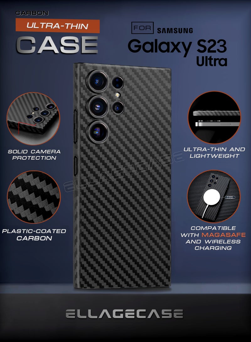 ELLAGECASE حافظة لهاتف سامسونج جالاكسي S23 ألترا، كربون أسود، حماية قوية للكاميرا، رقيقة للغاية وخفيفة الوزن، كربون مغطى بالبلاستيك، متوافقة مع ماغسيف والشحن اللاسلكي - Image 1