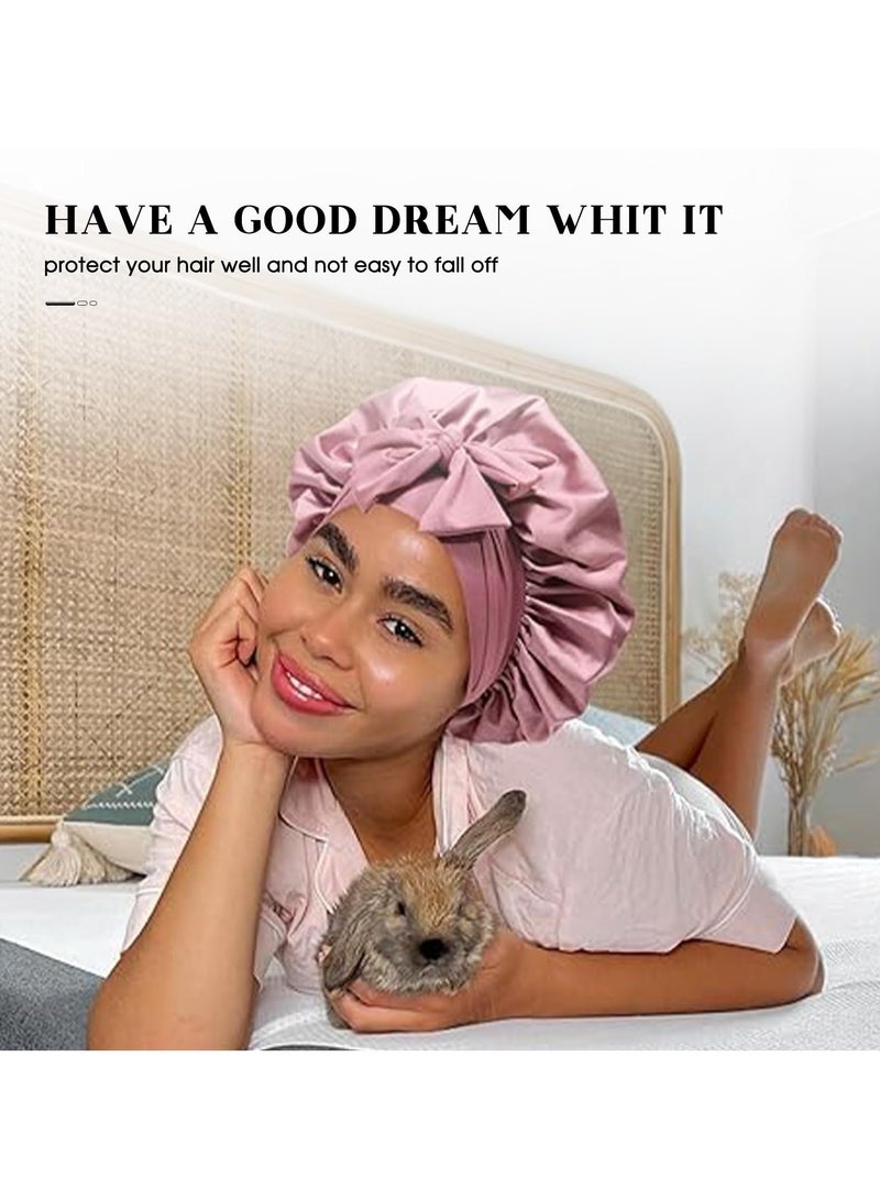 عام قبعة نوم نسائية من الحرير بطبقتين مرنتين وشريط فيونكة وقبعة دائرية ذات حافة عريضة من الساتان وقبعة للعناية بالشعر ومحاكاة وشاح من الحرير - Image 2