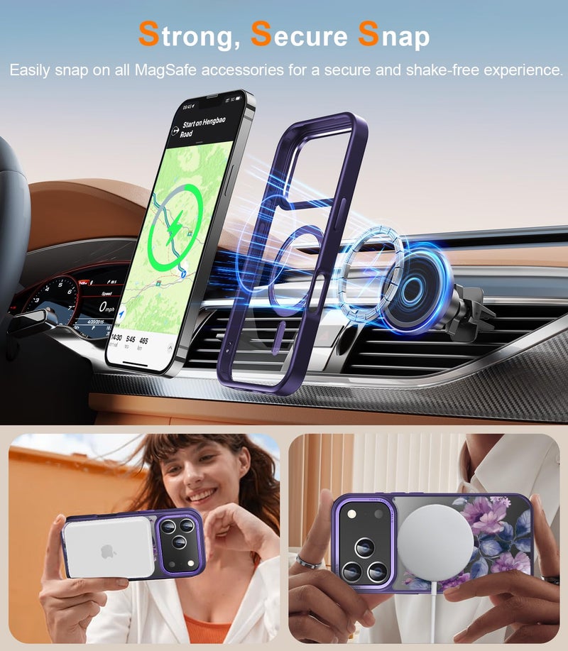 Goodon for iPhone 17 Pro Case with Privacy Screen Protector, Compatible with Magsafe, Shockproof Translucent Matte Cover - Cute Floral Design Phone Case for Women and Girls - Purple Blossoms - Image 3