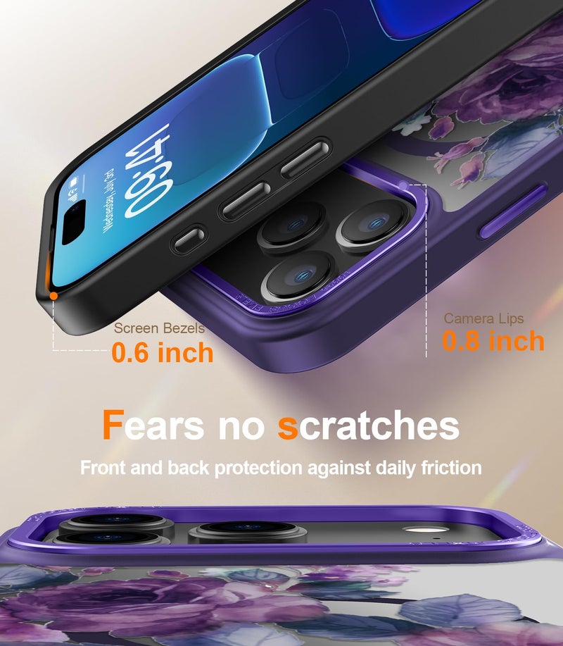 Goodon for iPhone 17 Pro Case with Privacy Screen Protector, Compatible with Magsafe, Shockproof Translucent Matte Cover - Cute Floral Design Phone Case for Women and Girls - Purple Blossoms - Image 4