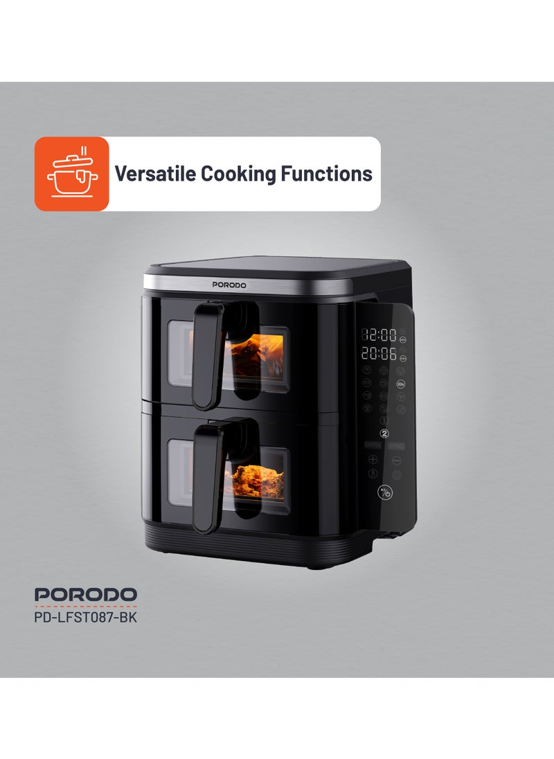porodo - 11L Air Fryer Double Stack 5.5L+5.5L Capacity 2800W with Info Display & Touch Panel / 12 Presets / Versatile Cooking Functions / High-Efficiency Cooking / Healthier meals - Black - Image 1