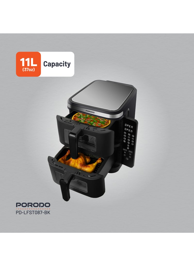 porodo - 11L Air Fryer Double Stack 5.5L+5.5L Capacity 2800W with Info Display & Touch Panel / 12 Presets / Versatile Cooking Functions / High-Efficiency Cooking / Healthier meals - Black - Image 1