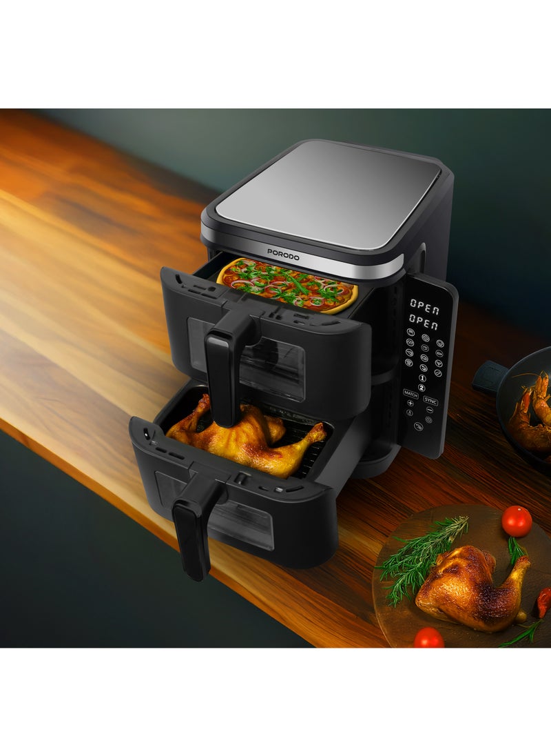 porodo - 11L Air Fryer Double Stack 5.5L+5.5L Capacity 2800W with Info Display & Touch Panel / 12 Presets / Versatile Cooking Functions / High-Efficiency Cooking / Healthier meals - Black - Image 1