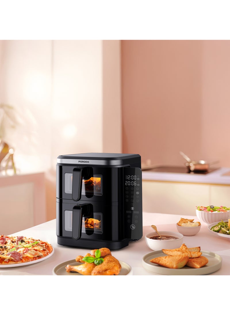 porodo - 11L Air Fryer Double Stack 5.5L+5.5L Capacity 2800W with Info Display & Touch Panel / 12 Presets / Versatile Cooking Functions / High-Efficiency Cooking / Healthier meals - Black - Image 1