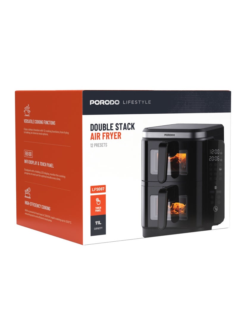 porodo - 11L Air Fryer Double Stack 5.5L+5.5L Capacity 2800W with Info Display & Touch Panel / 12 Presets / Versatile Cooking Functions / High-Efficiency Cooking / Healthier meals - Black - Image 1