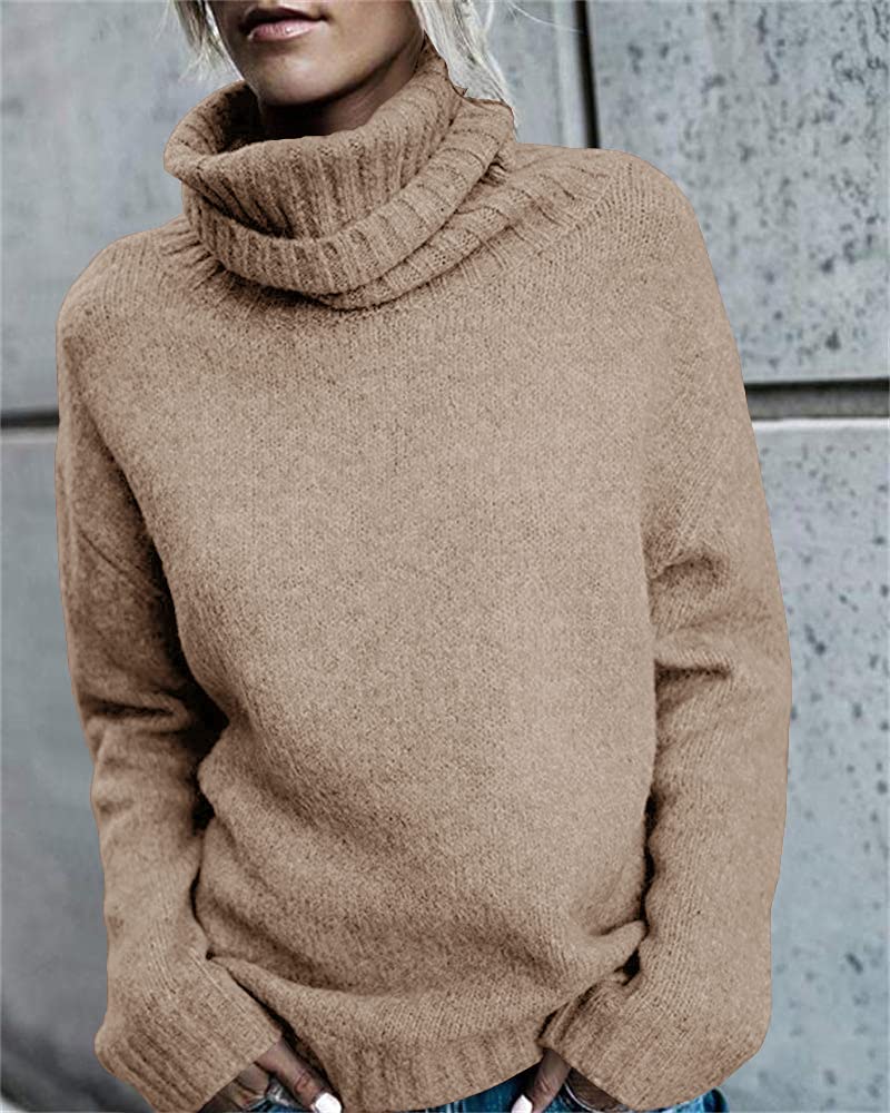 FISACE Womens Oversized Turtleneck Pullover Sweater Cable Knit Long Sleeve Sweater Tops A-Khaki - Image 2