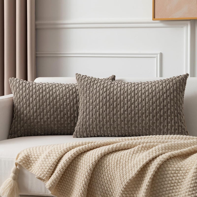 K KEVIN TEXTILE Kevin Textile Pack of 2 Light Brown Lumbar Decorative Throw Pillow Covers 12x20 Inch for Living Room Couch Soft Corduroy Rectangle Solid Cushion Case 30x50 cm Rustic Farmhouse Boho Home Decor  - Image 1