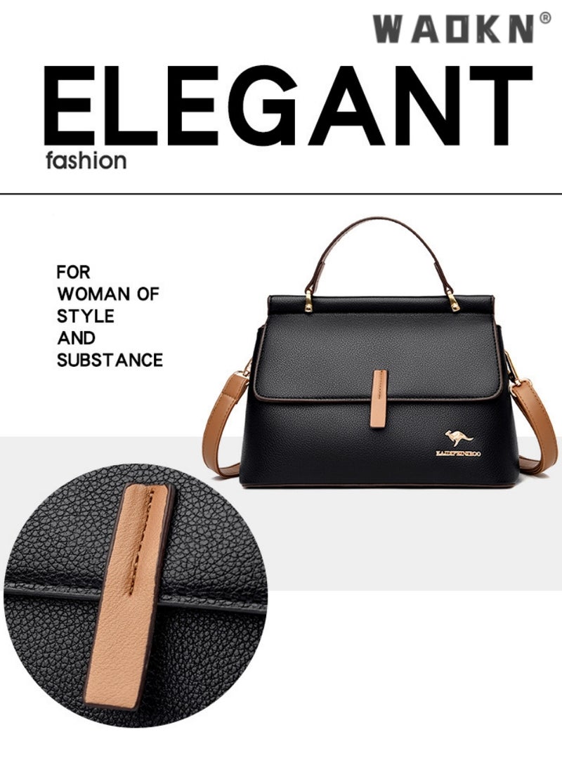 WAOKN Texture Shoulder Crossbody Bag Fashion Elegant Exquisite Multi-pocket Charm High-Quality Fabric Large Capacity Handbag for Women/Mother/Girl Friend Gift Soft Leather Waterproof Fashion Handbag Black  - Image 2