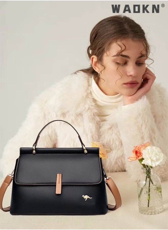 WAOKN Texture Shoulder Crossbody Bag Fashion Elegant Exquisite Multi-pocket Charm High-Quality Fabric Large Capacity Handbag for Women/Mother/Girl Friend Gift Soft Leather Waterproof Fashion Handbag Black  - Image 4