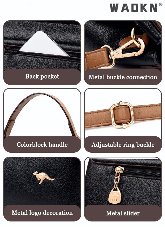 WAOKN Texture Shoulder Crossbody Bag Fashion Elegant Exquisite Multi-pocket Charm High-Quality Fabric Large Capacity Handbag for Women/Mother/Girl Friend Gift Soft Leather Waterproof Fashion Handbag Black  - Image 5