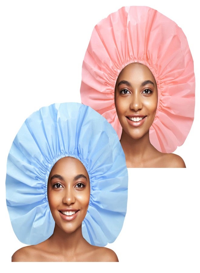 CHFONG Jumbo Size Shower Cap 2 PCS Waterproof Shower Caps for Women, Extra Large Shower Cap, Reusable Super Large Bath Caps Hair Cap for Long Thick Curly Hair, Locs, Twist Braids - Pink + Blue - Image 1