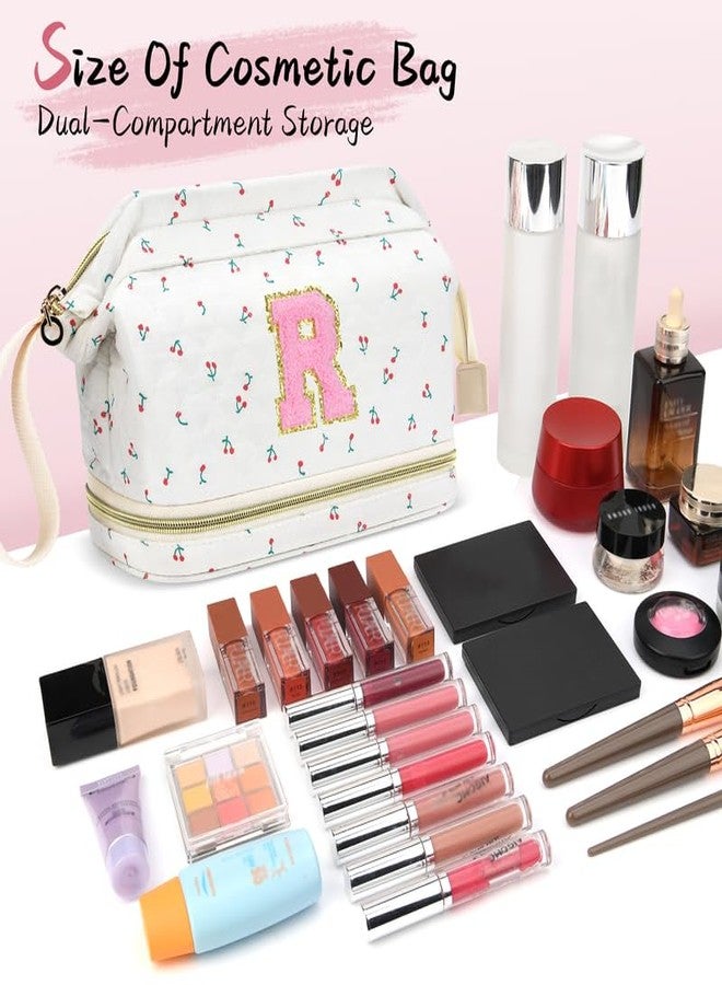 DTBG Personalized Initial Makeup Bag,Cherry Quilted Makeup bag Christmas Gifts for Girls,Double Layer Travel cosmetic Bag with Make up Brush Organizer,Cute Travel Toiletry Pouch-M - Image 4