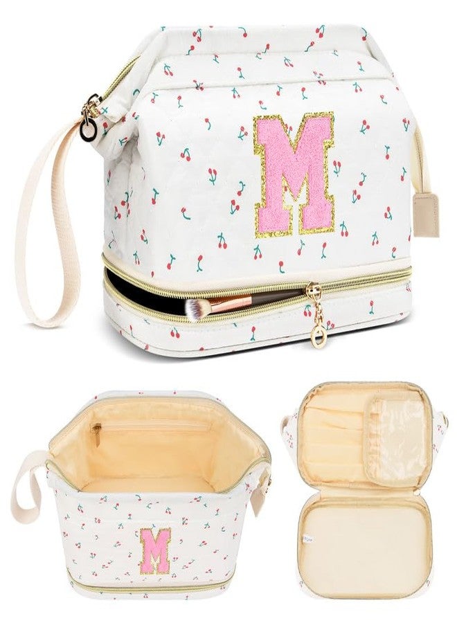 DTBG Personalized Initial Makeup Bag,Cherry Quilted Makeup bag Christmas Gifts for Girls,Double Layer Travel cosmetic Bag with Make up Brush Organizer,Cute Travel Toiletry Pouch-M - Image 1