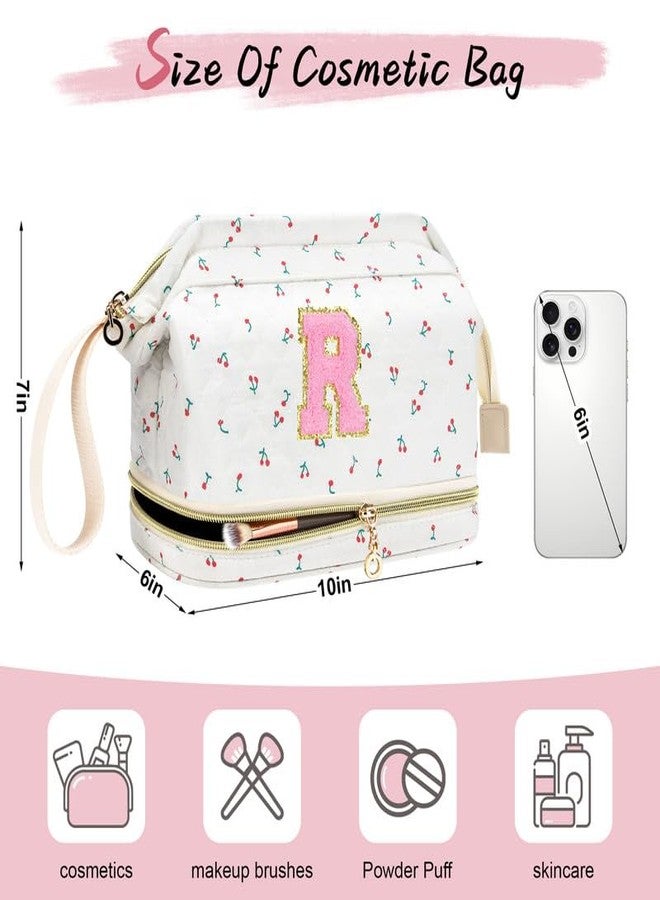 DTBG Personalized Initial Makeup Bag,Cherry Quilted Makeup bag Christmas Gifts for Girls,Double Layer Travel cosmetic Bag with Make up Brush Organizer,Cute Travel Toiletry Pouch-M - Image 2