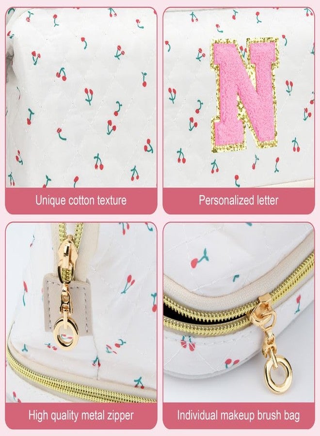 DTBG Personalized Initial Makeup Bag,Cherry Quilted Makeup bag Christmas Gifts for Girls,Double Layer Travel cosmetic Bag with Make up Brush Organizer,Cute Travel Toiletry Pouch-M - Image 5