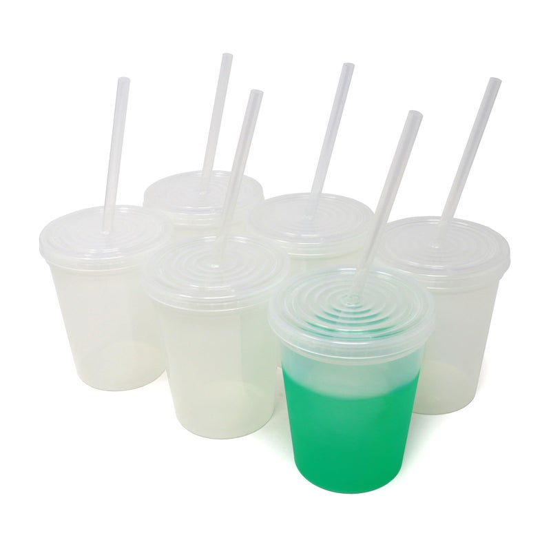 Rolling Sands 16 Oz Reusable Plastic Stadium Cups with Lids 6 Pack USA Made Color Changing Tumblers Includes 6 Reusable Straws Dishwasher Safe Frost to Green