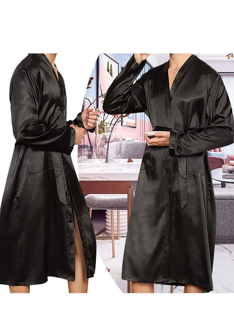 MARGOUN Men's Dressing Gown Kimono Robe Lightweight Silk Long Sleeved Home Sleepwear Loungewear Black Medium(Length 45''/Chest 24'') - Image 4
