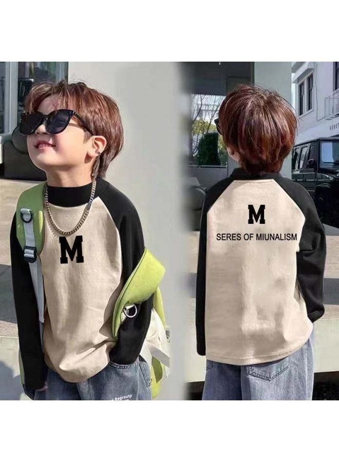 Children's Half Turtleneck Velvet Bottoming Shirt Autumn And Winter New Boys' Raglan Contrasting Color Long-sleeved T-shirt Medium And Large Kidsren's Tops