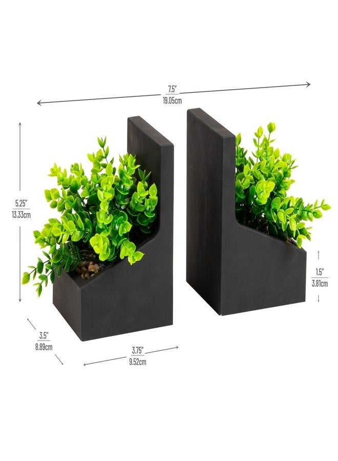 Mind Reader Contemporary Planter Bookends, Book Holders with Faux Greenery, Decorative Desktop or Shelf Organizer, Cement, Set of 2, Black - Image 3