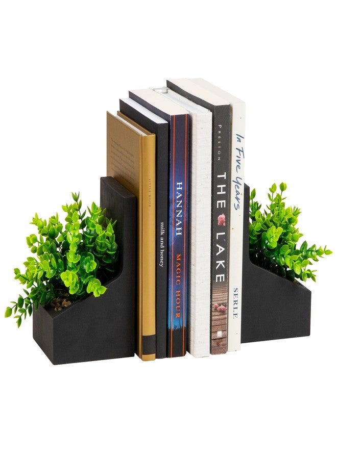 Mind Reader Contemporary Planter Bookends, Book Holders with Faux Greenery, Decorative Desktop or Shelf Organizer, Cement, Set of 2, Black - Image 1