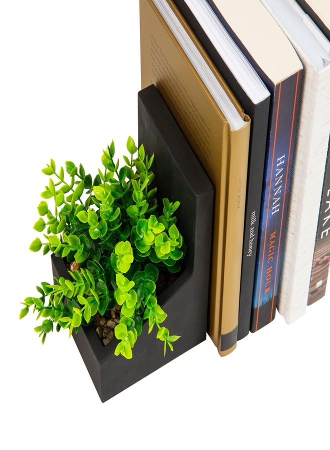 Mind Reader Contemporary Planter Bookends, Book Holders with Faux Greenery, Decorative Desktop or Shelf Organizer, Cement, Set of 2, Black - Image 4