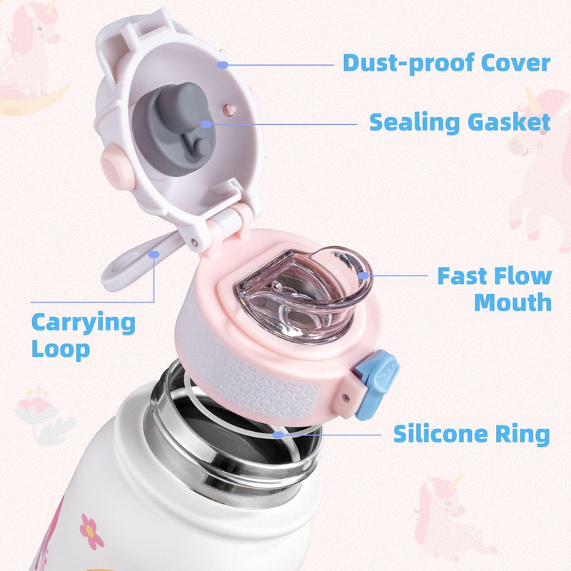 OLDLEY Kids Water Bottle 12oz Insulated Water bottle, Double Wall Stainless Steel Vacuum Bottle, Leak-Proof Sport Bottles for School Boys Girls,White Unicorn - Image 2