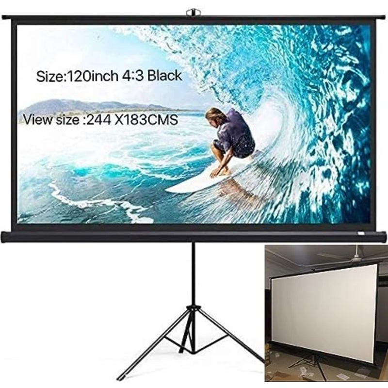 Portable projector screen for indoor/outdoor use, matte white PVC material, white color, 120-inch diagonal HD 4:3 foldable pull-up design with tripod stand - Image 1