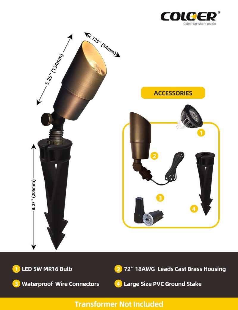 COLOER Die-cast Brass Low Voltage Spotlight 1-Pack with 5W Aluminum Housing MR16 LED Bulb 2700K 450LM CRI85+,12V AC/DC Outdoor Landscape Lighting, Directional Garden Patio Spot Up Light(101B) - Image 4