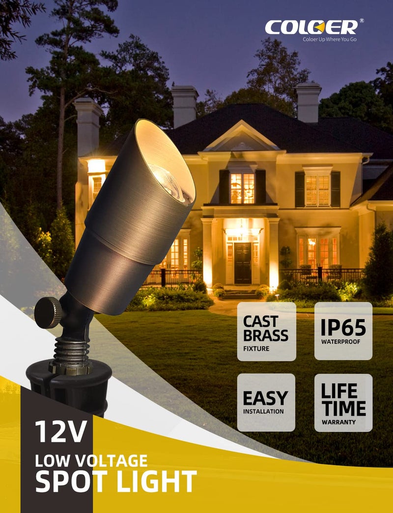 COLOER Die-cast Brass Low Voltage Spotlight 1-Pack with 5W Aluminum Housing MR16 LED Bulb 2700K 450LM CRI85+,12V AC/DC Outdoor Landscape Lighting, Directional Garden Patio Spot Up Light(101B) - Image 2