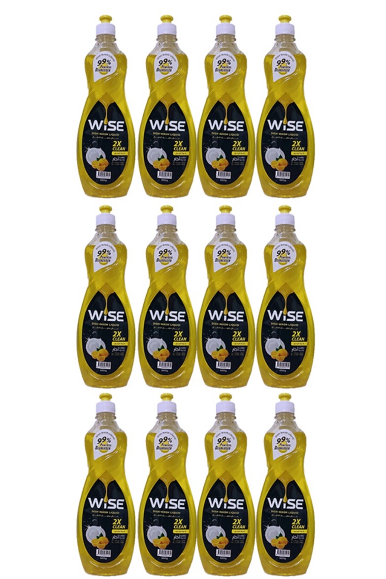 Wise Liquid Soap for Dishwashing and Household Items, Yellow 600 ml - Pack of 12