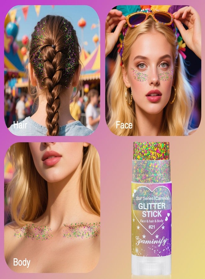 Paminify Mardi Gras Hair Face Glitter Stick,Mardi Gras Outfit for Women,Purple Green Gold Body Glitter Makeup,Festival Costume Carnival Accessories Singer Concerts Chunky Glitter Makeup - Image 4