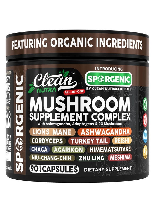 Clean Nutraceuticals مكمل الفطر العضوي | أشواغاندا ليوينز مان كورديسيبس ذيل الديك ريشة الفطر ماكا الجذر الحافر الأسود تشاجا تريملا أجاركون شيتاكي محار مسحوق كبسولات سبورجينيك من كلين نوترا (1) - Image 1
