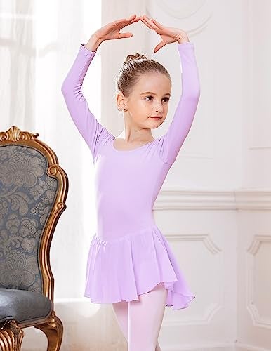 Arshiner Kids Girls Classic Long Sleeve Leotard Dance Ballet Dress Lilac - Image 4
