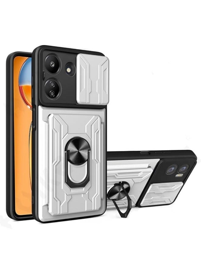 General Redmi 13C 2023 Detachable Card Holder Slot Ring Kickstand Heavy Duty Shockproof Protective Cover with Slide Camera Cover 