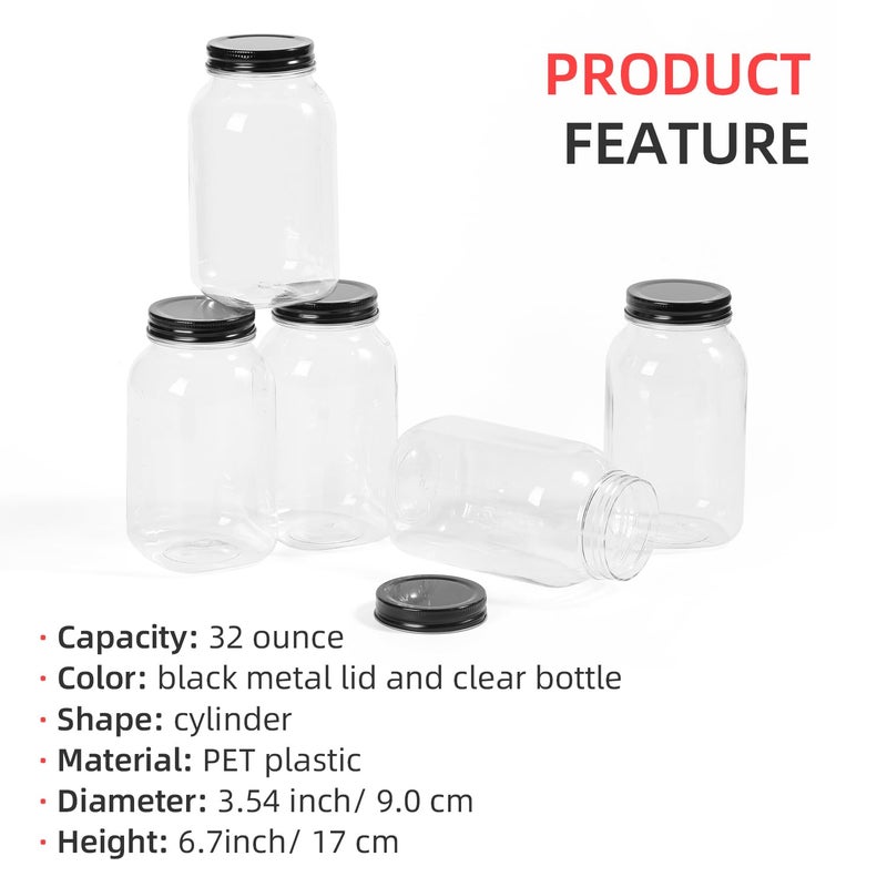 OMNISAFE 32 Ounce Clear Plastic Mason Jars With Screw On Lid, Reusable Empty Jars for Food Storage, Round BPA Free Containers for Sealing, Dry Food, Snacks, Candies, Breakage-proof, (Black - 6 Pack) - Image 2