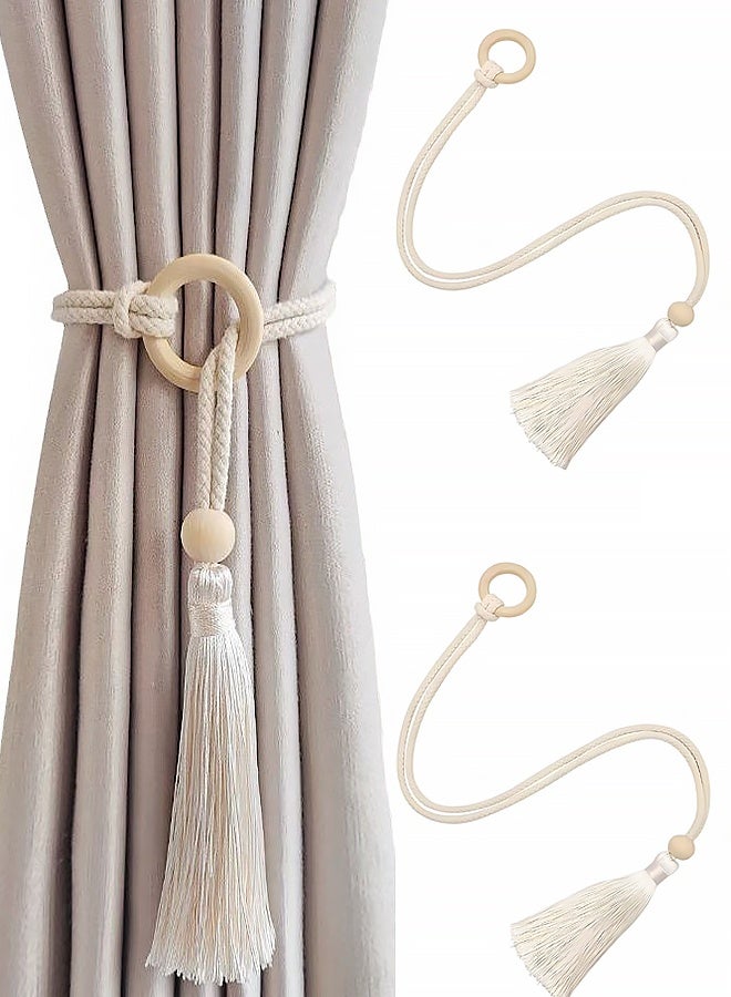 2 قطعة من رباطات الستائر المصنوعة من الخرز الخشبي، مشبك ستارة مزخرف بشراشيب، مشبك ستارة بوهيمي، رباطات ستائر بدون ثقب ديكورية - Image 1
