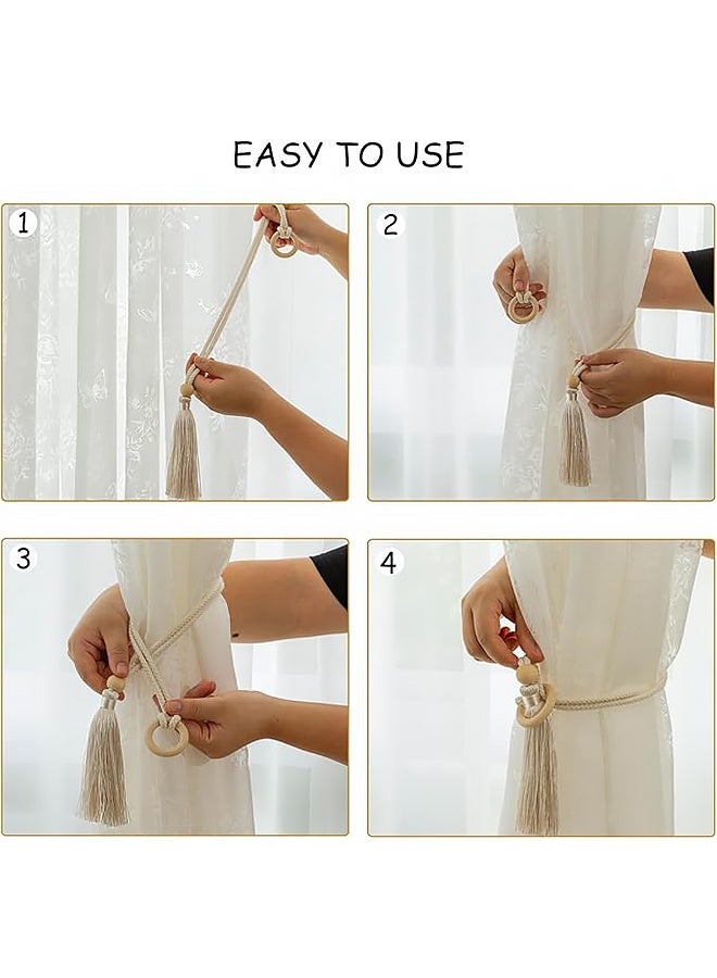 2 قطعة من رباطات الستائر المصنوعة من الخرز الخشبي، مشبك ستارة مزخرف بشراشيب، مشبك ستارة بوهيمي، رباطات ستائر بدون ثقب ديكورية - Image 4