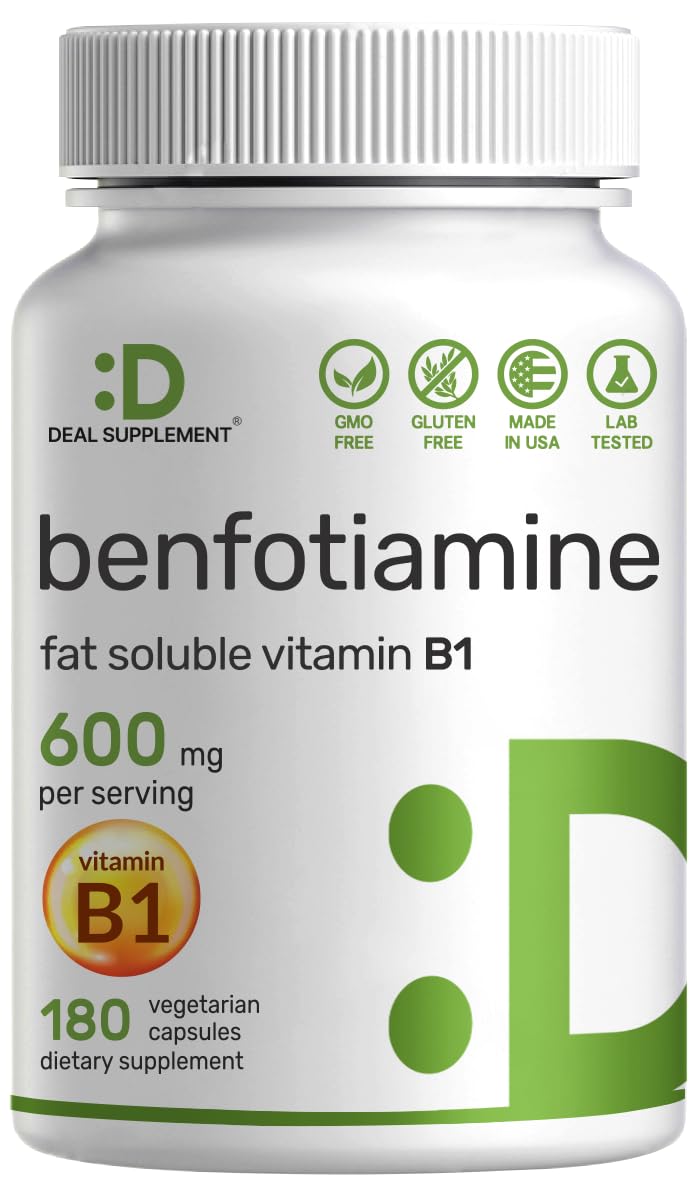 DEAL SUPPLEMENT Benfotiamine 600mg Per Serving 180 Veggie Capsules 300mg Per Cap Fat Soluble Vitamin B1 Thiamine Supplement 3rd Party Tested Vegan NonGMO Gluten Free