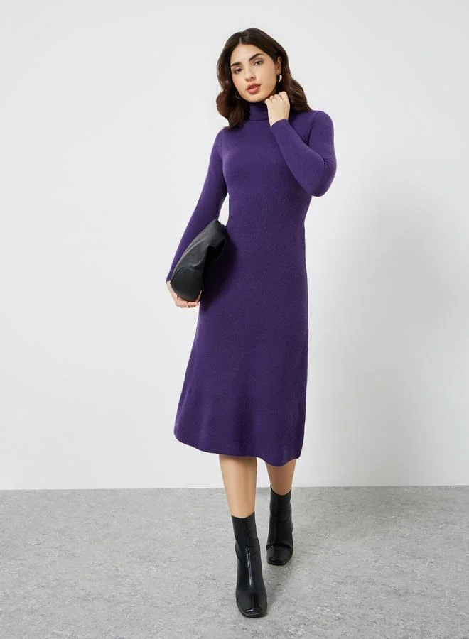 Styli Purple Knit Long Sleeves Sweater Midi Dress