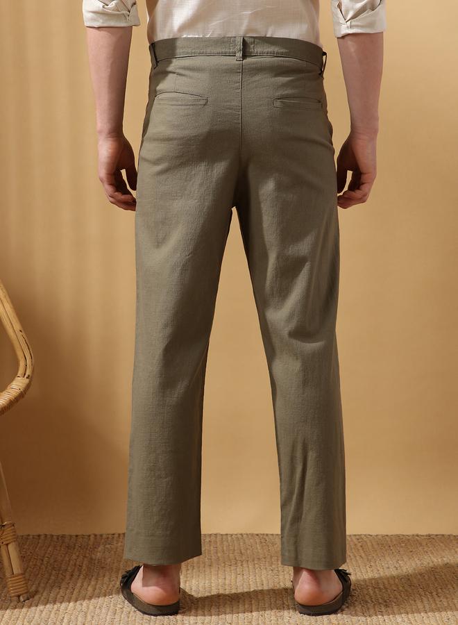 Dennis Lingo Men's Olive 100% Cotton Solid Pattern Full Length Chinos Relaxed Trouser  - Image 3