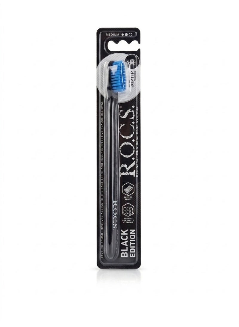 رينيه فورتيرير فرشاة أسنان R.O.C.S. Black Edition Classic للبالغين | شعيرات متوسطة عالية الجودة | رأس مائل Beveled لوصول أعمق | تقنية 3D Tip Polishing | تنظيف فعّال وتلميع احترافي | ISO 9001:2015 - Image 1