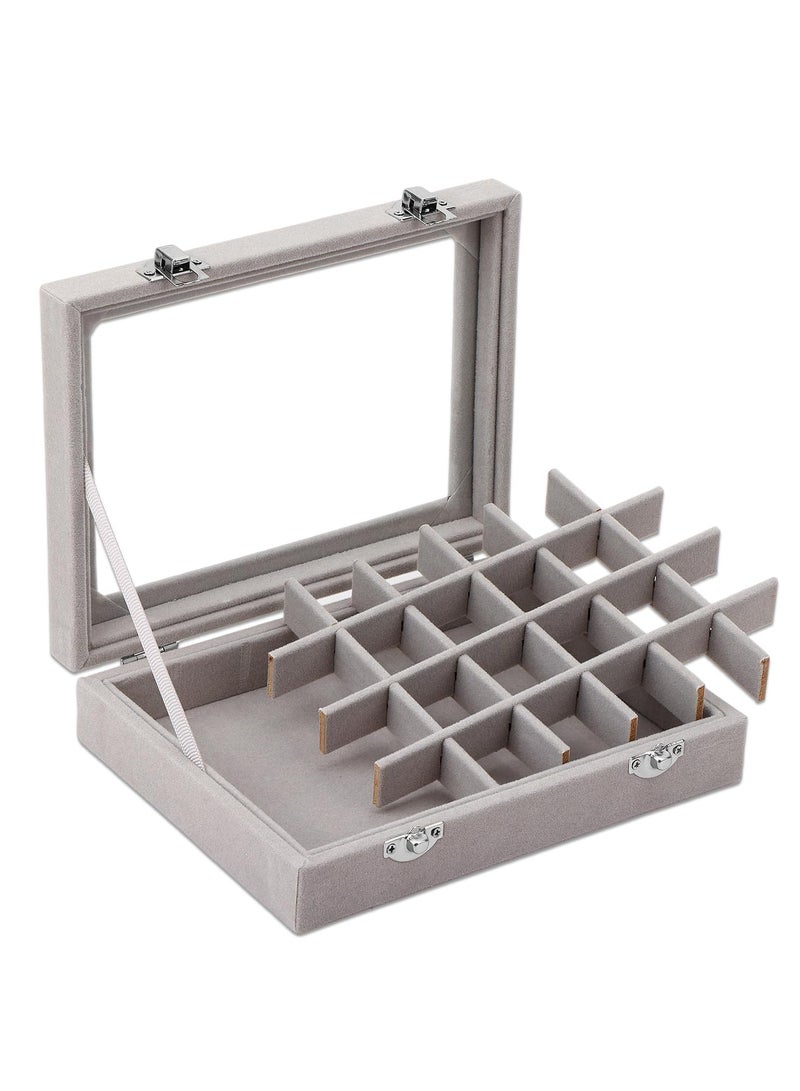 SYOSI Velvet Jewelry Tray with Clear Glass Lid, 24 Grid Earring and Ring Organizer Box for Drawer Storage and Showcase Display - Image 1