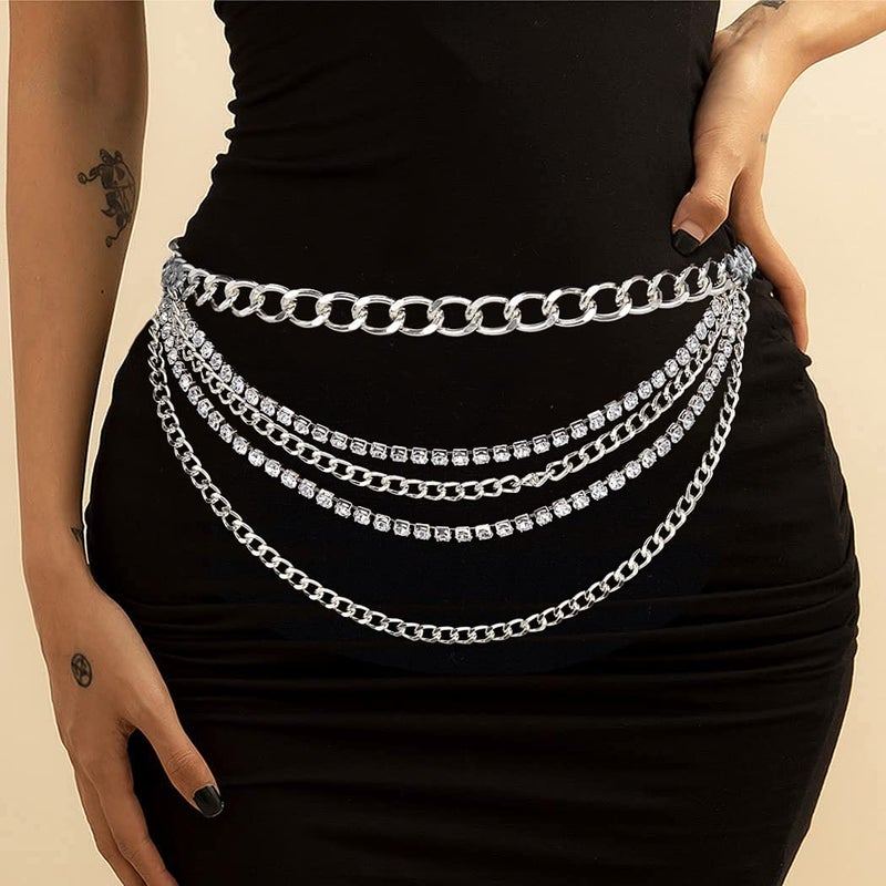 Suyi Multilayer Chain Belt Rhinestone Metal Chain Belts for Women Punk Gold Waist Chain Plus Size 150CM Silver - Image 2