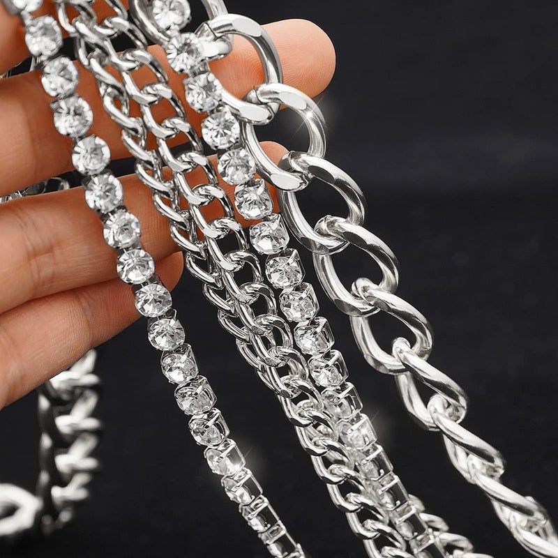 Suyi Multilayer Chain Belt Rhinestone Metal Chain Belts for Women Punk Gold Waist Chain Plus Size 150CM Silver - Image 4