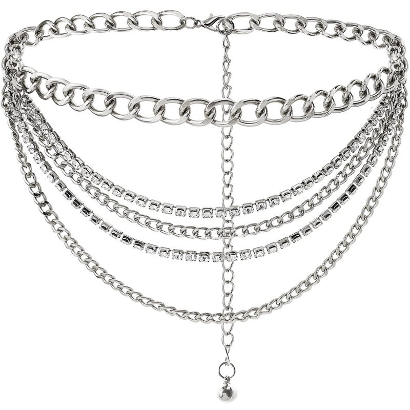 Suyi Multilayer Chain Belt Rhinestone Metal Chain Belts for Women Punk Gold Waist Chain Plus Size 150CM Silver - Image 1