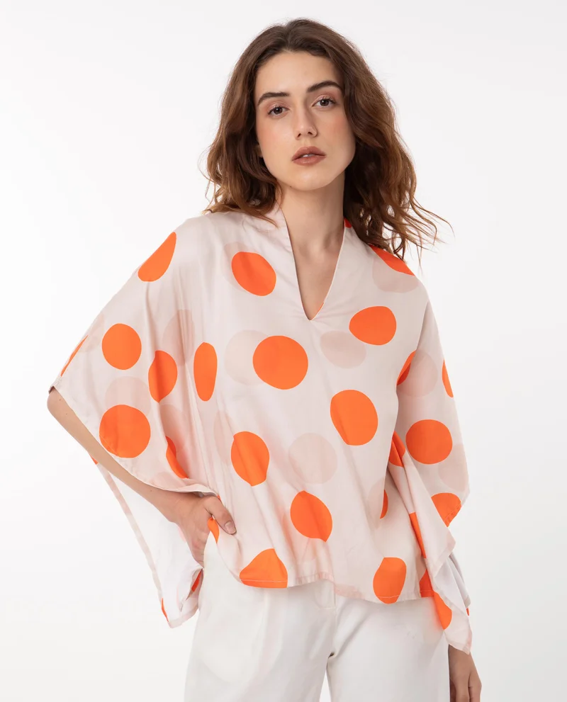 Rareism Women's Two-Tone Polka Print Flared Kimono Sleeve Top