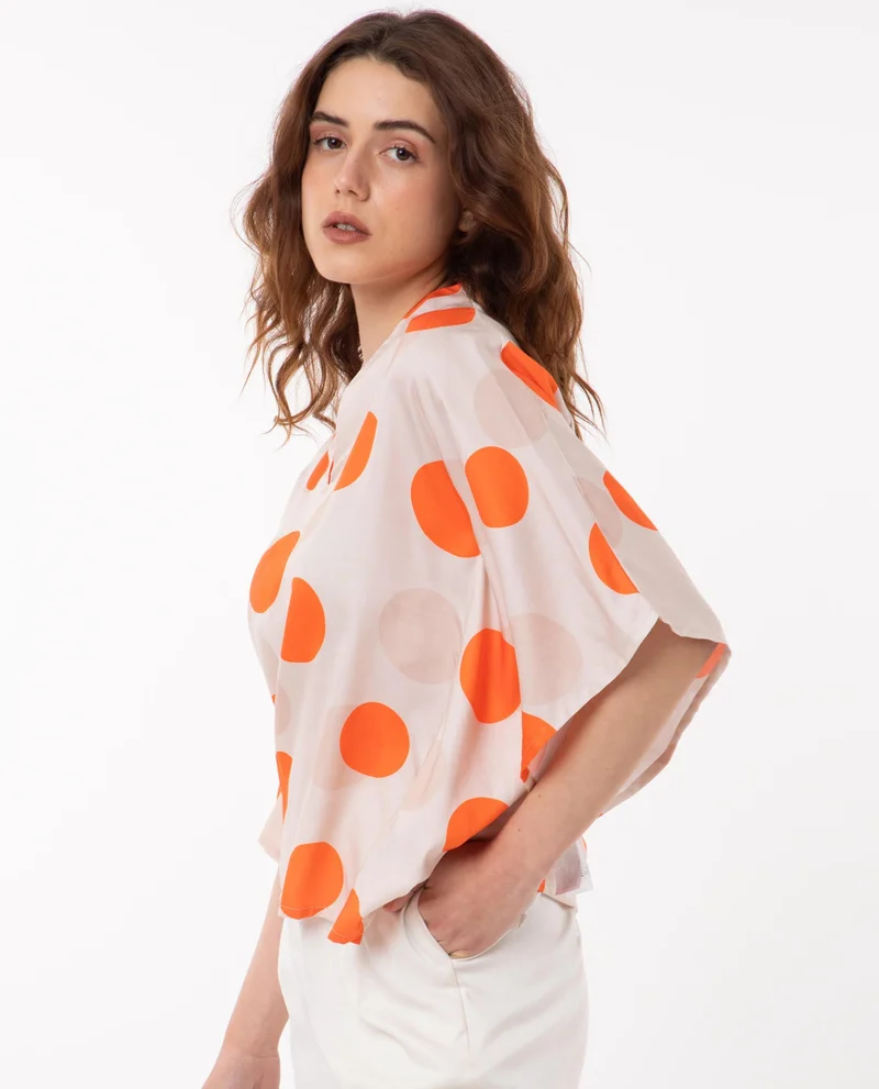 Rareism Women's Two-Tone Polka Print Flared Kimono Sleeve Top