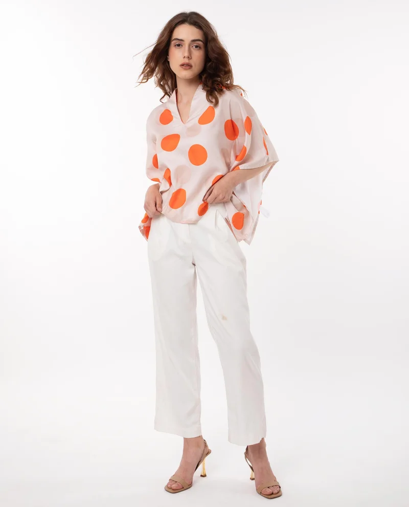 Rareism Women's Two-Tone Polka Print Flared Kimono Sleeve Top