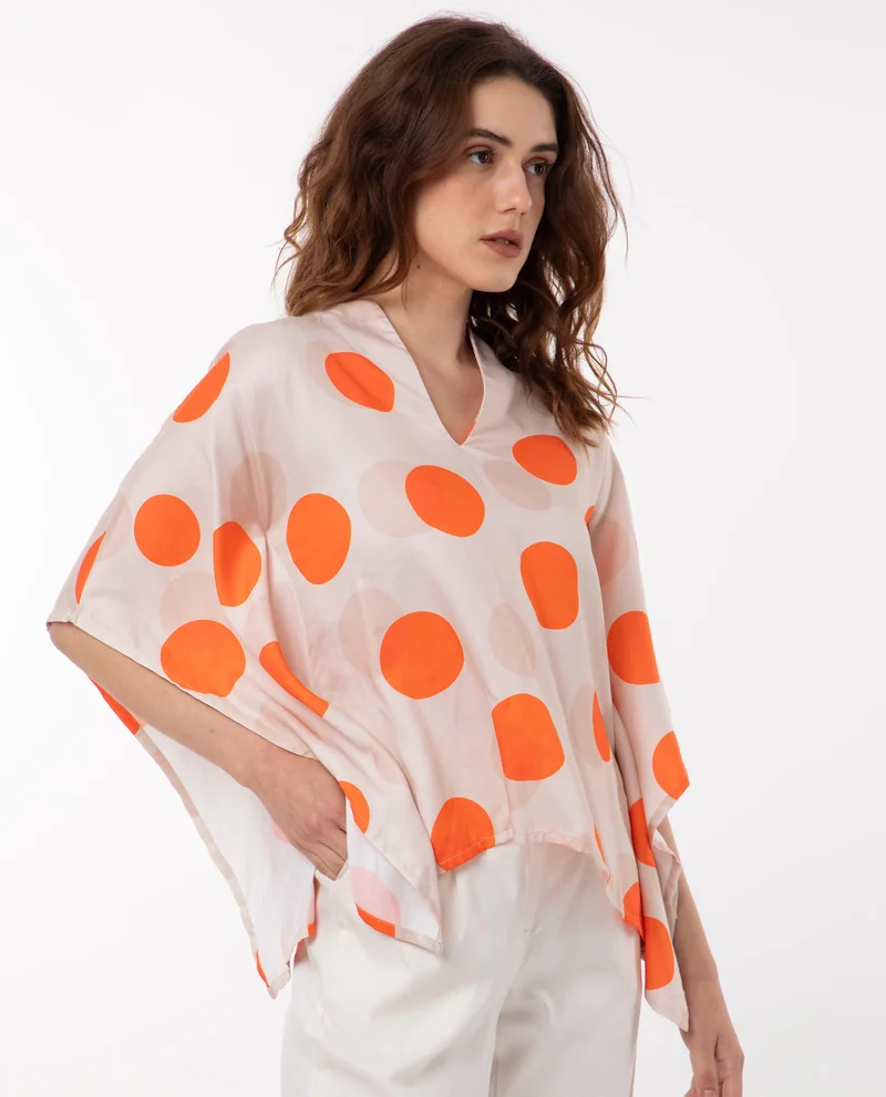 Rareism Women's Two-Tone Polka Print Flared Kimono Sleeve Top
